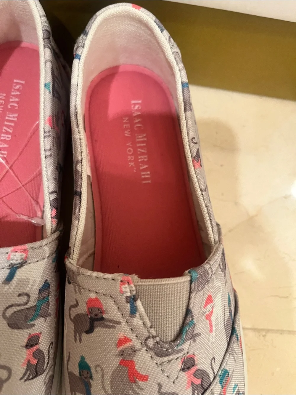 Isaac Mizrahi Light Grey Cat-Print Slip-On Sneakers with Pink Insole